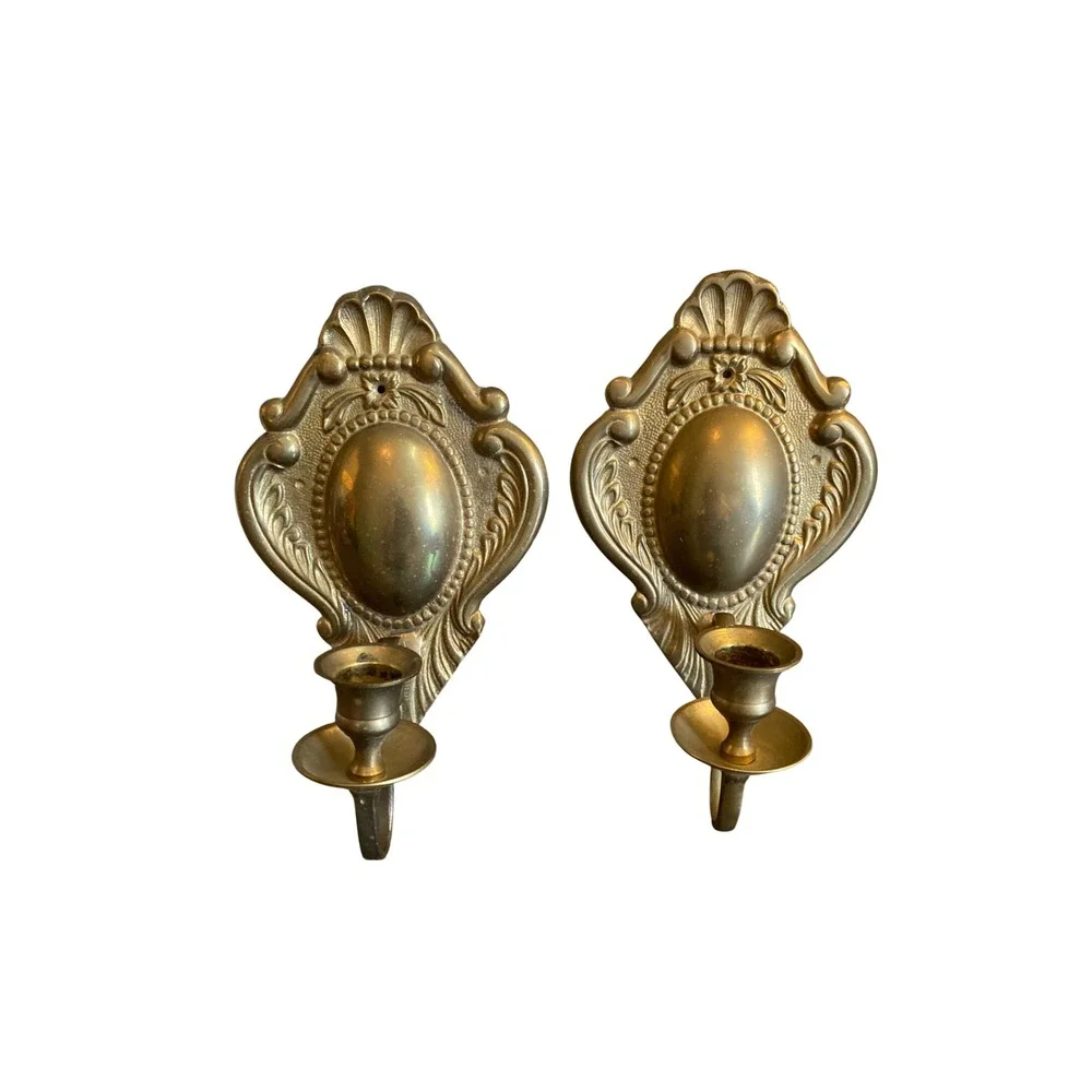 Vintage Ornate Solid Brass Wall Sconces Pair Rococo Shell Scroll Candle Holders